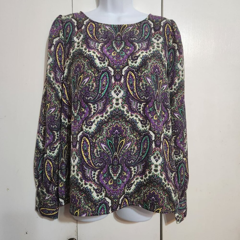 J. Crew Purple Green Paisley Top M Medium Long Sleeve Boho Peasant Blouse Career